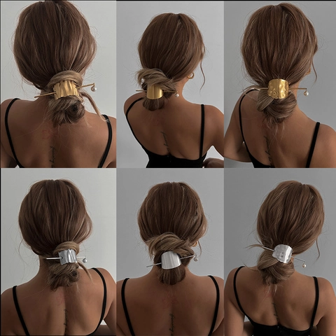 Bastoncino Per Capelli In Lega Con Placca Geometrica Irregular E Pendente Di Perla Artificial Accessorio Elegante Donna