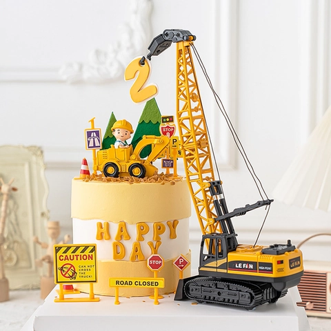 Construction Vehicle Cake Topper Birthday Decoration Plastic Excavator Crane Bulldozer Model Toys Traffic Signs Boys