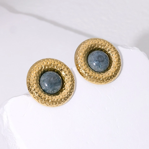 Vintage Round Hammered Gold Plated Stainless Steel Stud Earrings With Tiger Eye Stone And Marble Texture For Women