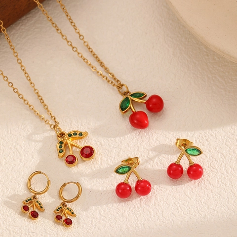 Stainless Steel Gold Plated Red Rhinestone Green Crystal Cherry Pendant Necklace And Earrings Sweet Fruit Jewelry