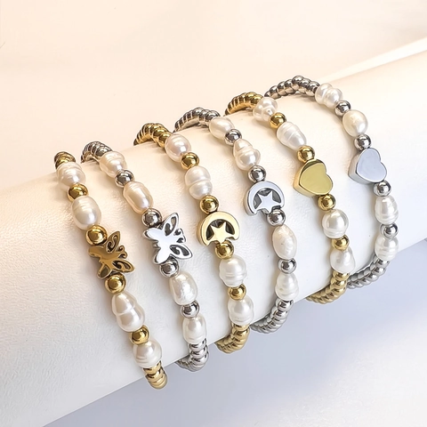 Pulsera Elástica De Cuentas De Acero Inoxidable Con Perla De Agua Dulce Corazón Estrella Luna Mariposa Joyería Mujer