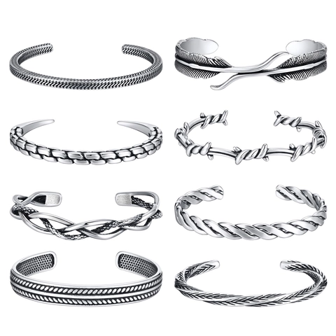Men Cuff Bracelet Stainless Steel Vintage Twisted Braided Feather Mobius Open Bangle Retro Jewelry