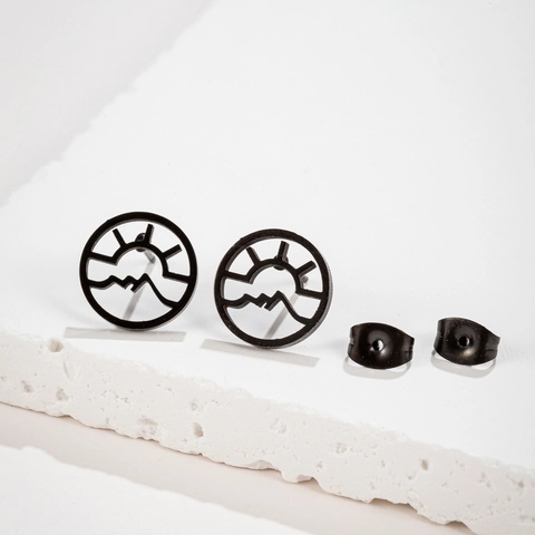 Round Stud Earrings Stainless Steel Geometric Hollow Sun Mountain Scenery Simple Niche Jewelry For Women