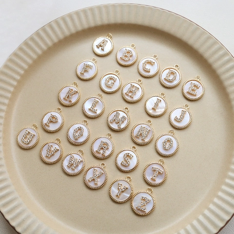 Round Alphabet Initial Pendants Gold Plated Copper Mother Of Artificial Pearl Shell Zircon Rhinestone DIY Jewelry Making Charms
