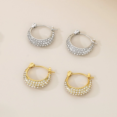Stainless Steel Hoop Earrings Full Rhinestone Small Shiny French Style Huggie Ear Buckle Elegant For Women