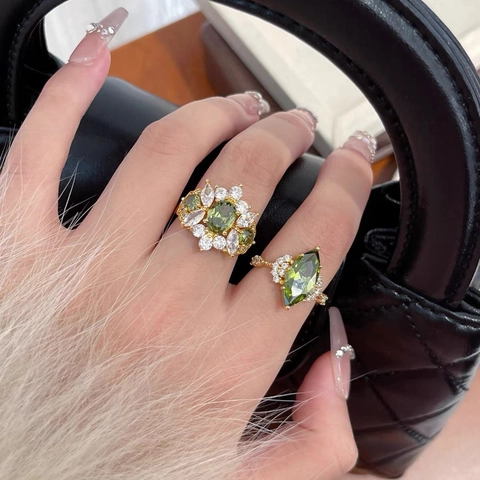 Vintage Open Ring 14K Gold Plated Copper With Green Oval Zircon Light Luxury Retro French Style For Women