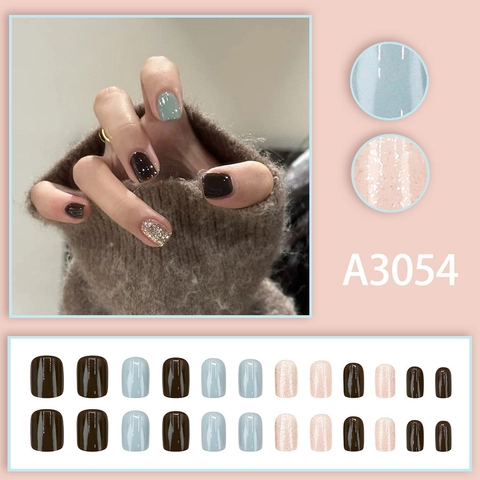 Short Square Press On Nails Glossy Blue Coffee Glitter Nude Fake Nail Tips For Women Elegant Manicure