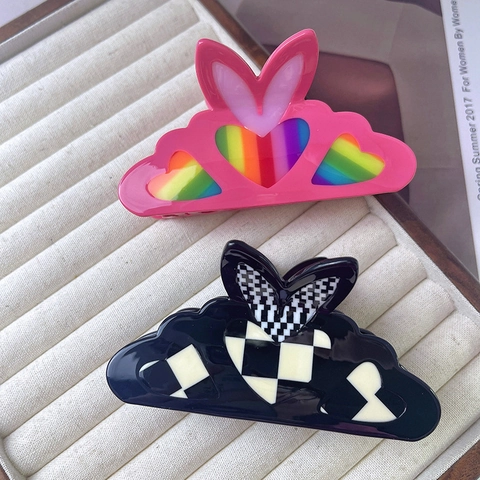 Acetat Herz Haarklammer Regenbogen Schachbrett Schmetterling Süßes Haar Accessoire Für Frauen Mädchen