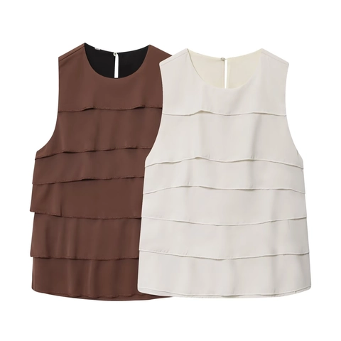 Damen Ärmelloses Tank Top Polyester Mehrlagige Rüschen Rundhals Schlüssellochrücken Einfarbig Lässige Elegante Bluse