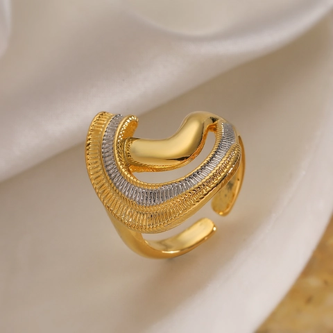 Verstellbarer Offener Ring Kupfer Zweifarbig Gold Silber Unregelmäßig Geometrisch V-Förmig Wellenstruktur Minimalistisch Mode Damen