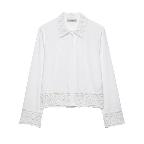 Camisa de Manga Larga Blanca de Encaje de Ganchillo para Mujer y Pantalones Cortos de Cintura Alta Conjunto Casual