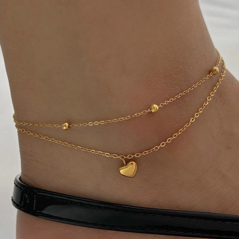 Edelstahl Herz Anhänger Doppelschichtige Fußkettchen Rundperlenkette Minimalistischer Strandschmuck Für Damen