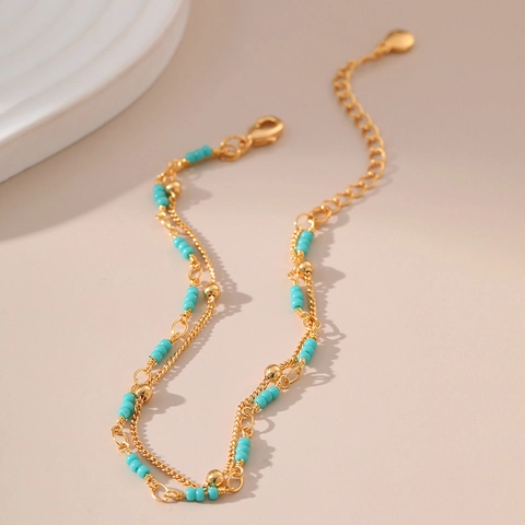 Pulsera De Doble Capa De Cobre Bañado En Oro De 18 Quilates Cuentas De Turquesa Cadena De Bolas Joyería Bohemia Mujer