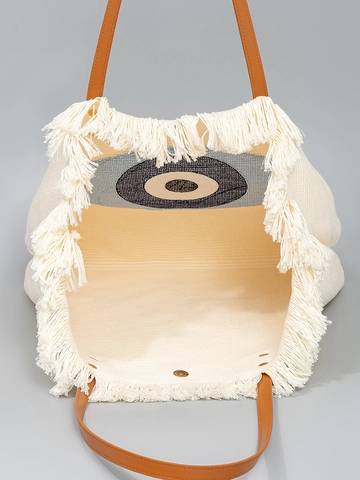 Böhmische Gewebte Segeltuch Tragetasche Handtuch Stickerei Böser Blick Quasten Brauner Ledergriff Große Schultertasche Damen Strand