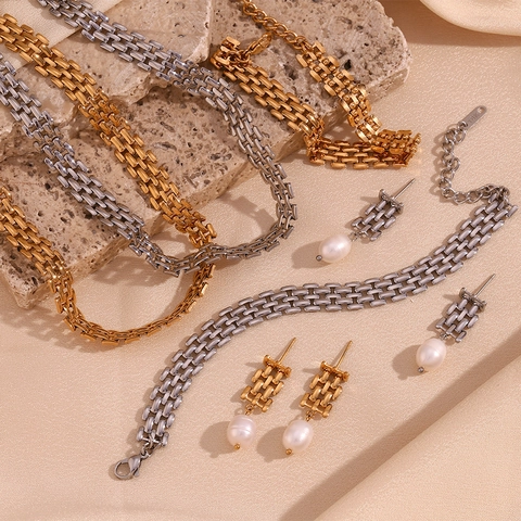 Juego de Joyas de Cadena de Correa de Reloj de Acero Inoxidable para Mujer Pendientes con Colgante de Perla Artificial Collar de Cadena Pulsera Chapado en Oro de 18K