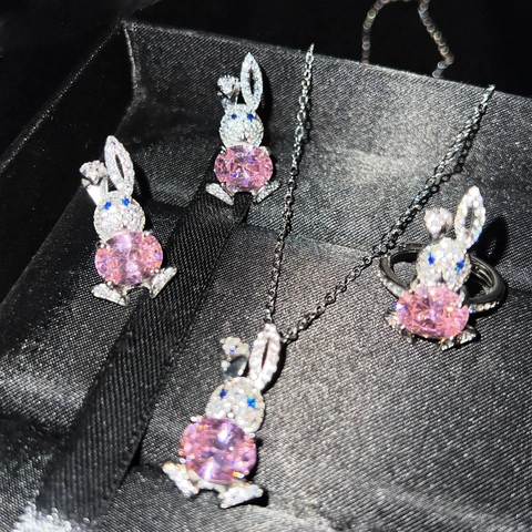 Cute Rabbit Jewelry Necklace Adjustable Ring Stud Earrings Copper White Gold Plated Pink Cubic Zirconia Micro Pave Animal