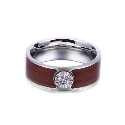 Anello Uomo Acciaio Inossidabile Intarsio Grana Legno Zircone Rotondo Stile Industriale Vintage Gioielli