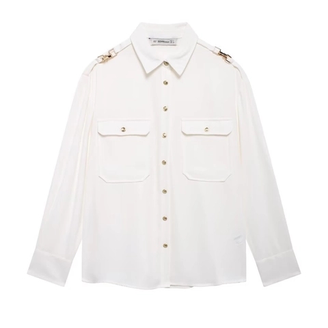 Dames Blouse Met Lange Mouwen Wit Crêpe Shirt Met Gouden Knopen Klepzakken En Epauletten Elegant Urban Commute Top