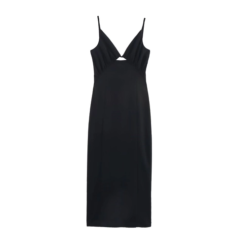 Women Elegant Midi Slip Dress Polyester Hollow Out Deep V Neck Backless Sleeveless Solid Black Slim Fit Party
