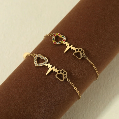 Stainless Steel Heart EKG Heartbeat Dog Paw Print Bracelet Rhinestone Fashion Jewelry For Women Adjustable Chain