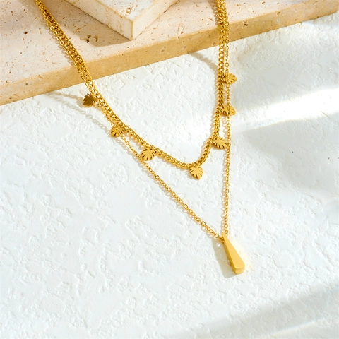 Double Layer Necklace Gold Plated Stainless Steel With Leaf And Bar Pendants Stackable Minimalist Jewelry For Women