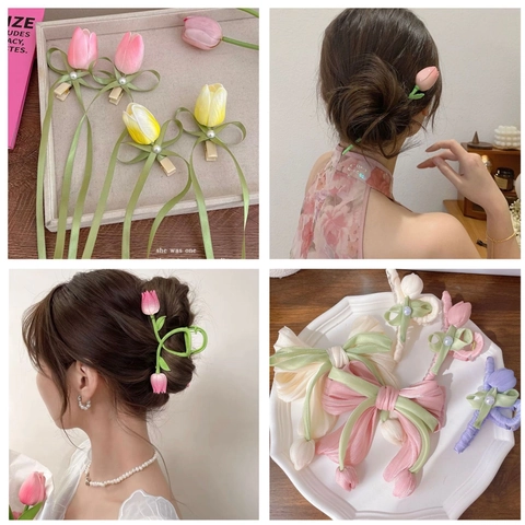 Fermaglio Per Capelli Fiore Di Tulipano Fiocco Nastro Tessuto Scrunchie Artiglio Per Capelli Perla Artificial Sintetica Bastoncino Floreale Per Donne