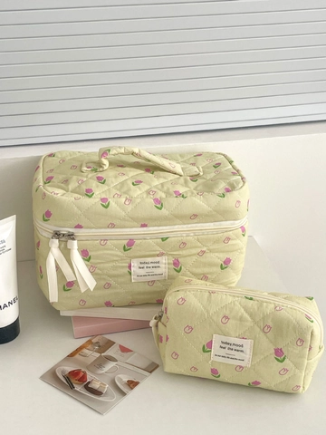 Neceser De Algodón Acolchado Con Estampado Floral Bolsa De Cosméticos Cremallera Organizador De Viaje Para Mujer