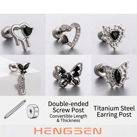 Cartilage Stud Earrings Titanium Steel Black Zircon Gothic Heart Butterfly Spider Web Screw Back Piercing Jewelry Women