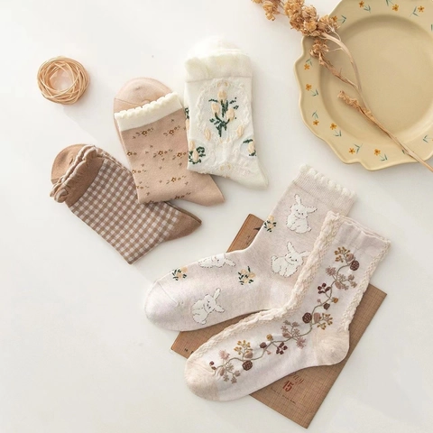 Women Crew Socks Floral Embroidery Cute Rabbit Pattern Checkered Mori Girl Style Japanese Vintage Mid-Calf Hosiery