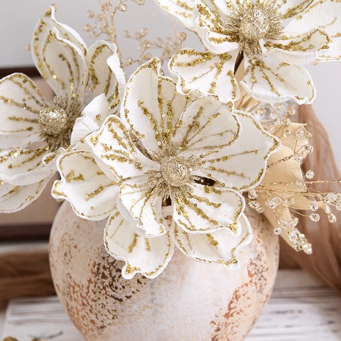 Artificial Christmas Magnolia Flowers Glitter Cloth Large Floral For Holiday Tree Home Wedding Decor