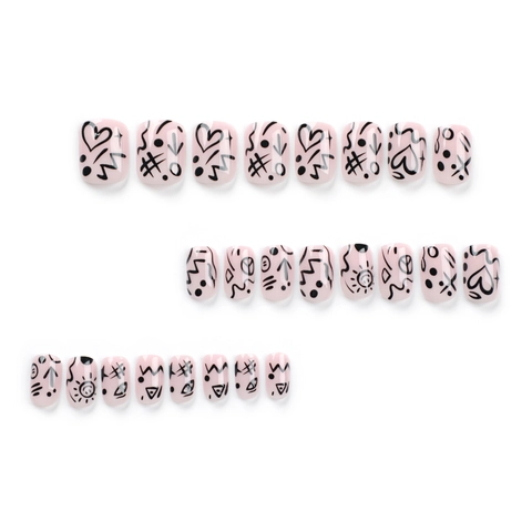Graffiti Roze Kunstnagels Handgetekend Hart Cartoon Stijl Kort Vierkant Kunstmatige Manicure Voor Vrouwen Mode
