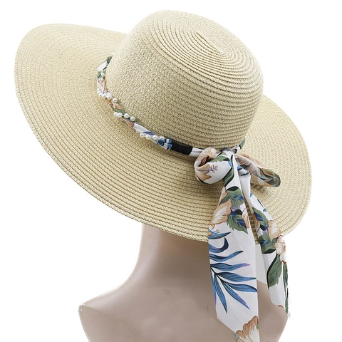 Women Straw Sun Hat Wide Brim Foldable Beach Vacation Bohemian Floral Scarf Artificial Pearls Elegant Summer Breathable