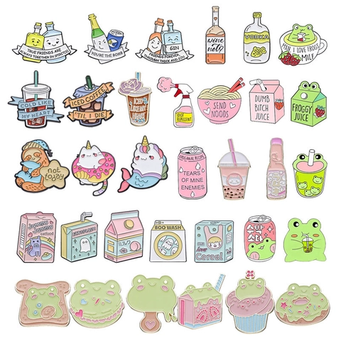 Süße Cartoon Emaille Anstecknadel Zinklegierung Tier Frosch Faultier Katze Getränk Essen Lustige Brosche Abzeichen Deko
