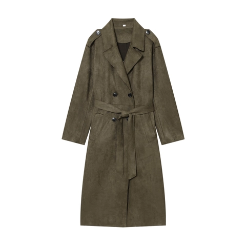 Women Faux Suede Trench Coat Double Breasted Lapel Belted Mid Length Jacket Olive Green Outwear