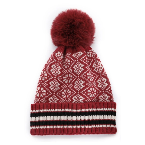 Vintage Bohemian Knitted Beanie Hat With Faux Fur Pom Pom Winter Warm Geometric Diamond Pattern Acrylic Skull Cap