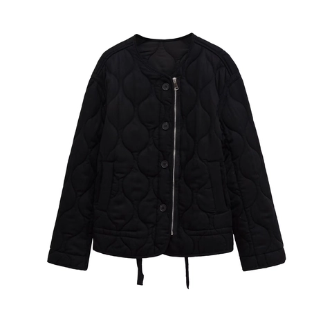 Women Casual Padded Quilted Jacket Round Neck Long Sleeve Gourd Texture Cotton Filler Coat Warm Loose Zip Button Outerwear