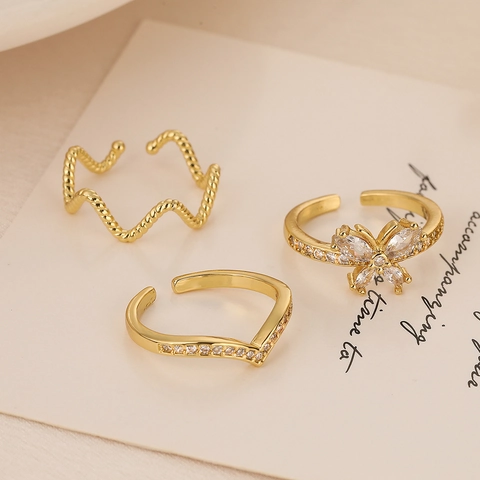 Adjustable Butterfly Geometric Wave V Shape Rings For Women Gold Plated Copper Zircon Minimalist Fashion Jewelry