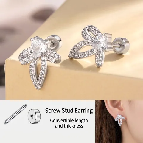 Bowknot Herz Stecker Ohrringe Kupfer Zirkon Mit Edelstahl Ohrstecker Schraubverschluss Mode Elegant Für Frauen
