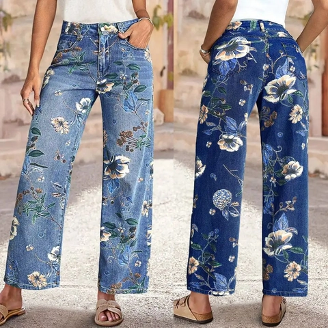 Retro Floral Print High Waisted Wide Leg Jeans Straight Denim Trousers Streetwear For Women