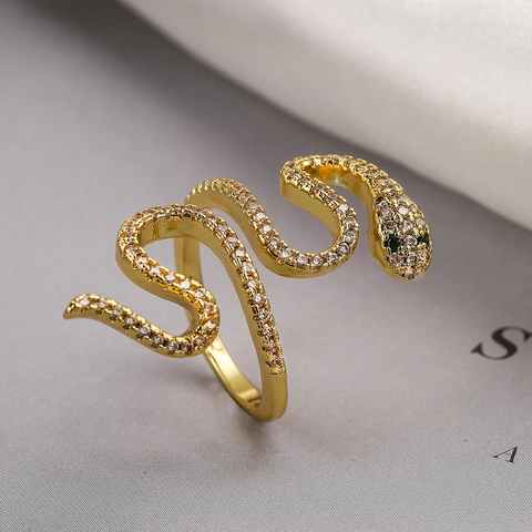 Snake Ring Gold Plated Copper White Zircon Green Gemstone Eyes Trendy Open Band Fashion Jewelry For Women