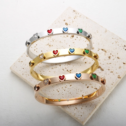 Western Style Heart Bangle Fashion Commuter Stainless Steel Bracelet Colorful Rhinestone Inlaid Open Bangle For Women Lovers Jewelry