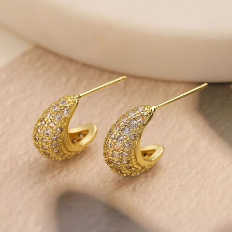 Geometric C-Shape Stud Earrings Women Copper 18K Gold Plated Pavé Zircon INS Style Minimalist Elegant Ear Jewelry