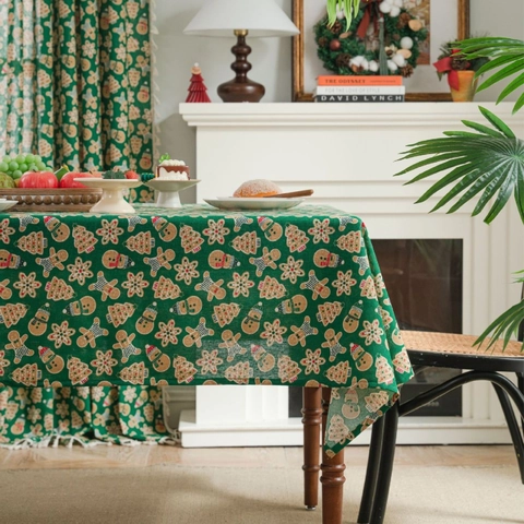 Christmas Tablecloth And Pillowcase Cotton Linen Blend Gingerbread Man Santa Print Decorative Rectangular Holiday Decor