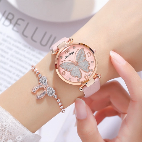 Women Quartz Watch Fashion Butterfly Pattern Glitter Dial PU Leather Strap Casual Wristwatch For Ladies