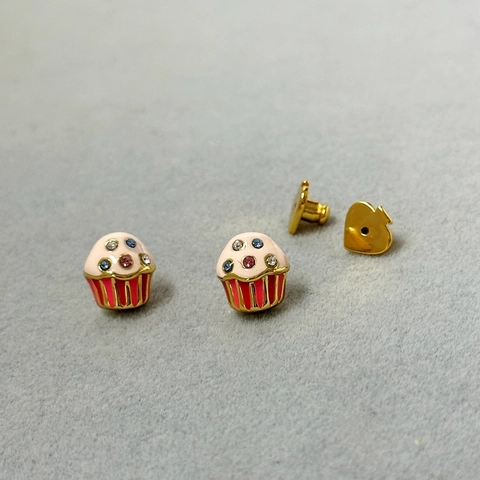 Simpatici Orecchini a Bottone Cupcake Rosa per Donna Gioielli in Rame Smalto Strass Con Perno in Argento Sterling 925