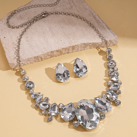 Collier Et Boucles D'oreilles Alliage Strass Goutte D'eau Ovale Pendentif Élégant Banquet Mariage Accessoires Bijoux Pour Femmes