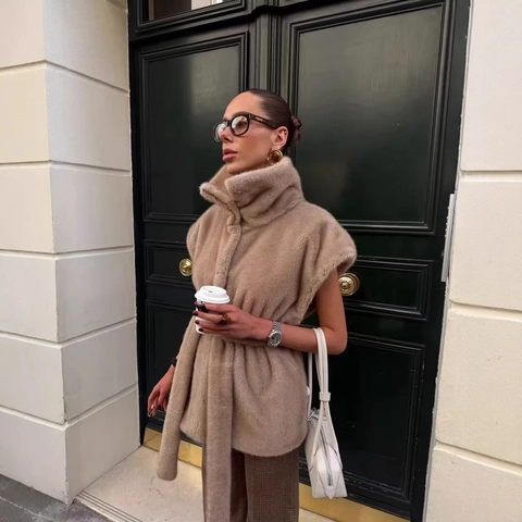 Women Faux Fur Vest Sleeveless Jacket High Collar Belted Waist Elegant Streetwear Outwear Solid Color Waistcoat