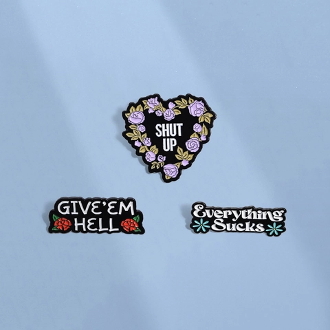 Enamel Pin Brooch Heart Banner Alloy Flower Slogan Shut Up Letter Badge For Backpack Jacket Lapel Accessory Decorative