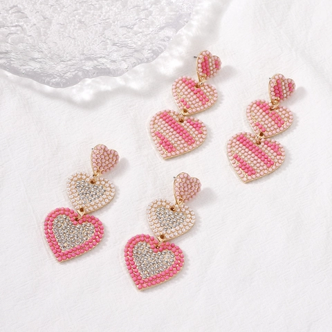 Vintage Exaggerated Layered Heart Drop Earrings For Women Gold Zinc Alloy Artificial Pearl Rhinestone Creative Jewelry