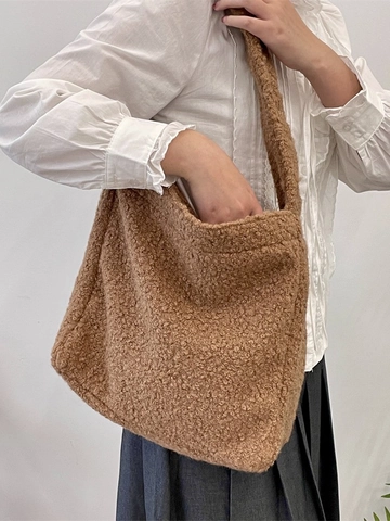 Loop Fleece Plush Tote Bag For Women Large Capacity Shoulder Handbag Magnetic Closure Soft Warm Autumn Winter Commuting